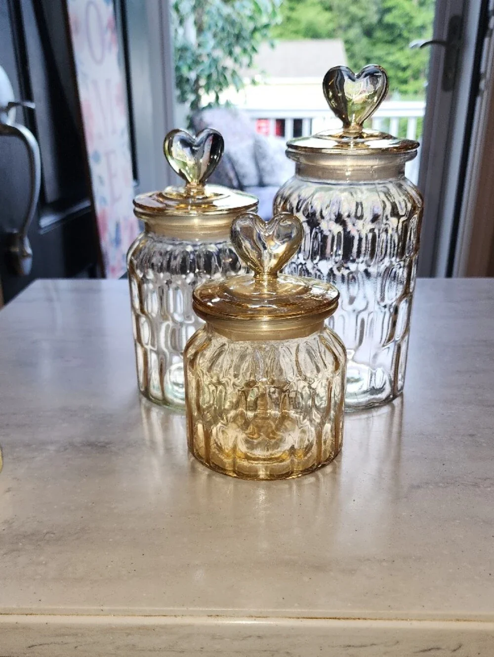 Set Of 3 Glass Heart-Top Canister Set - Amber & Clear. I Have 2 Complete Set!